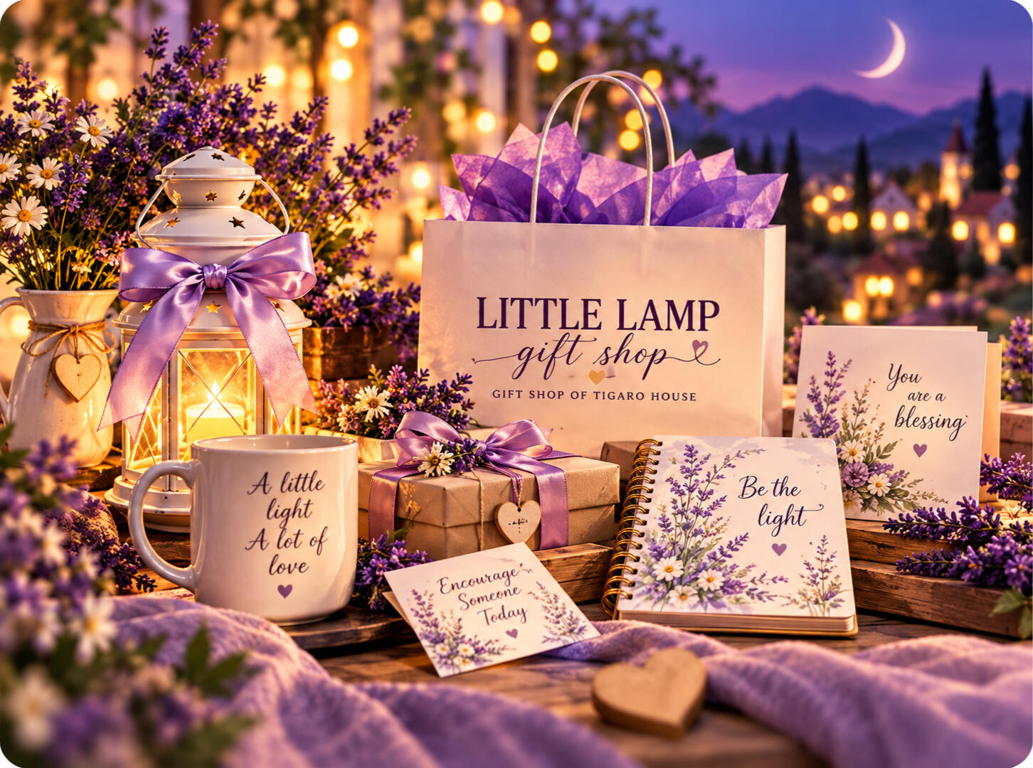 Birthday Blessings Cake Away | Tigaro House Birthday cake with lit candles beside a Tigaro House gift bag representing Birthday Blessings Cake Away for Christian Card Circle members.