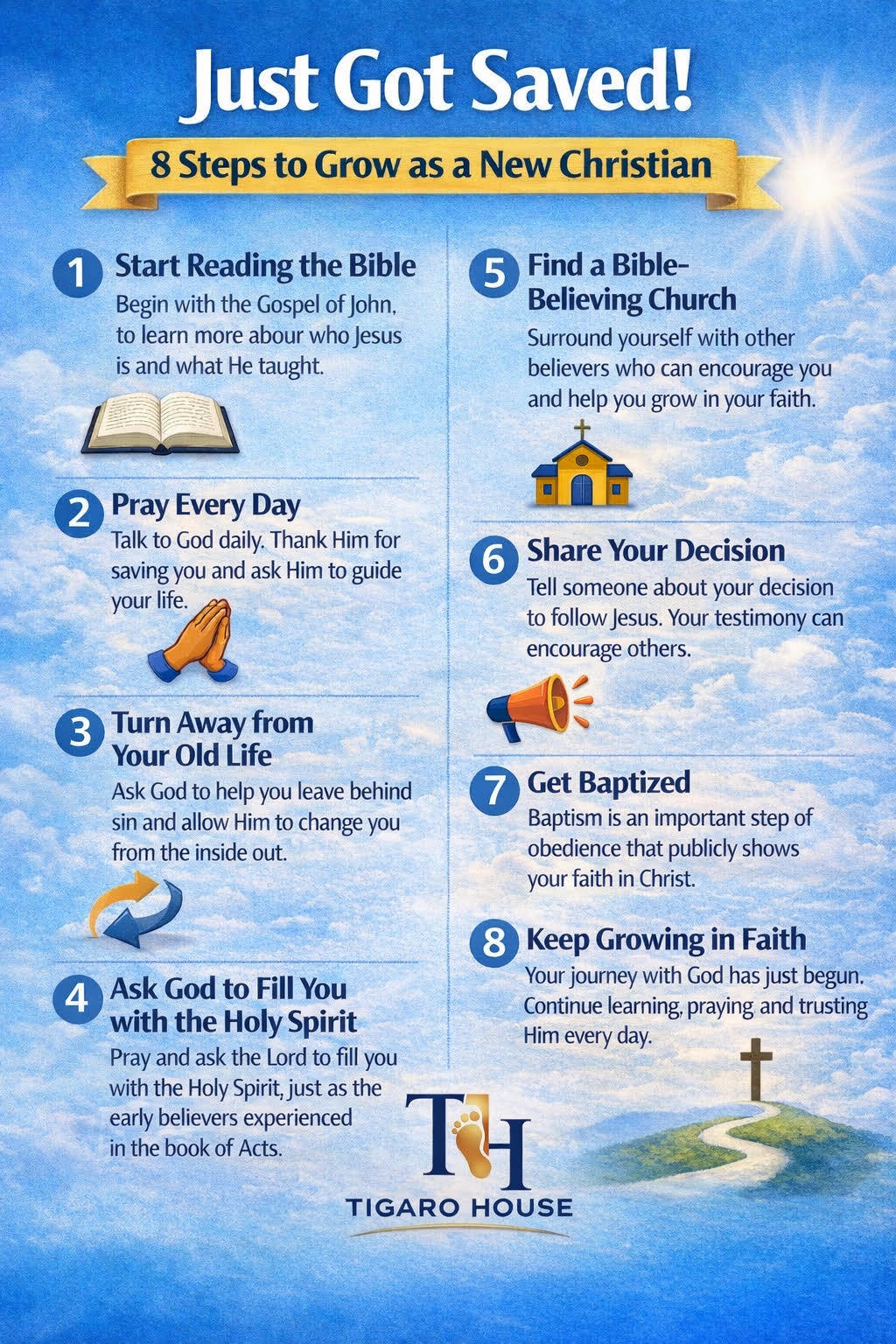 Infographic showing 8 steps for new believers after salvation, including reading the bible, prayer, holy spirit, church, baptism, and growing in faith from Tigaro House.