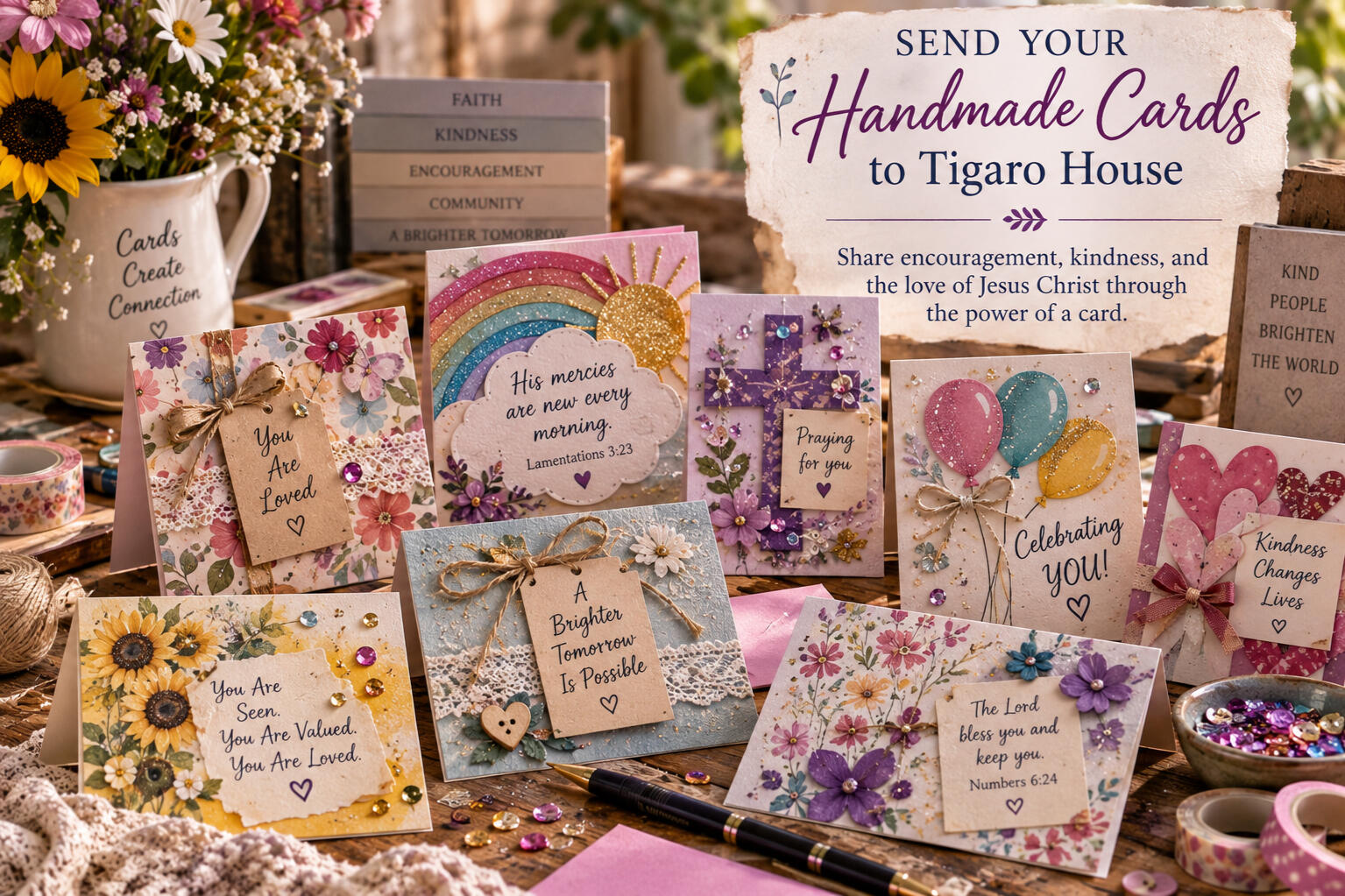 Send Handmade Cards | The Christian Card Circle a Tigaro House Program Colorful handmade encouragement cards decorated with circles, flowers, ribbon, sequins, and Scripture, inviting people to send cards to Tigaro House for The Christian Card Circle.