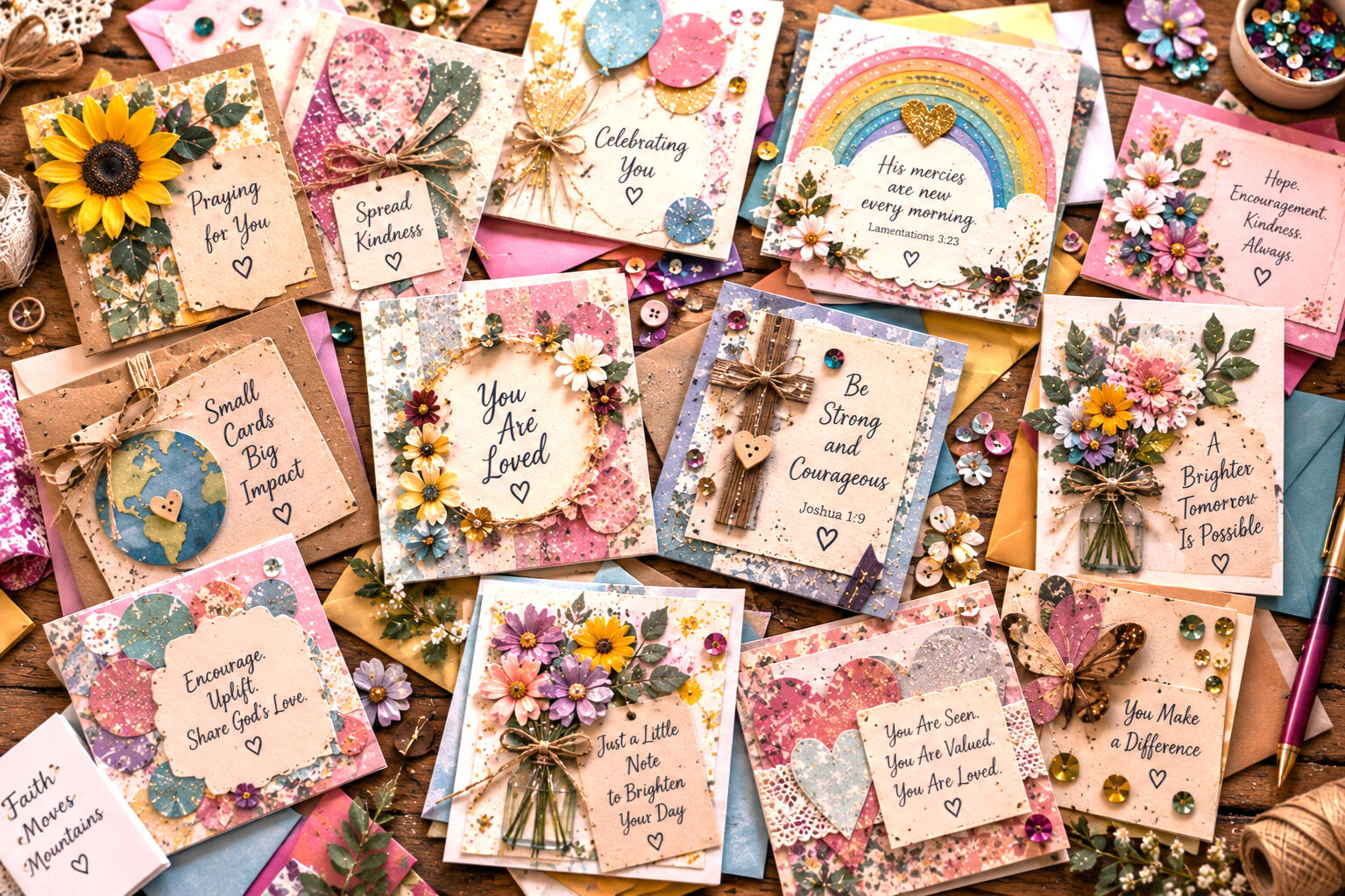 The Christian Card Circle | Christian Encouragement Program by Tigaro House Colorful handmade Christian encouragement cards layered across a table with Scripture, uplifting messages, circles, flowers, ribbons, sequins, and other creative embellishments for the Christian card and encouragement program from Tigaro House.
