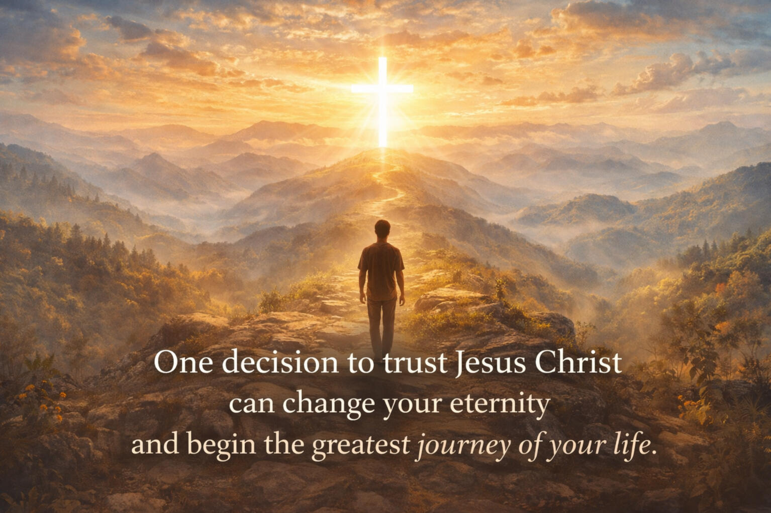 Person walking towards a glowing cross representing trusting Jesus Christ and beginning a new life of faith