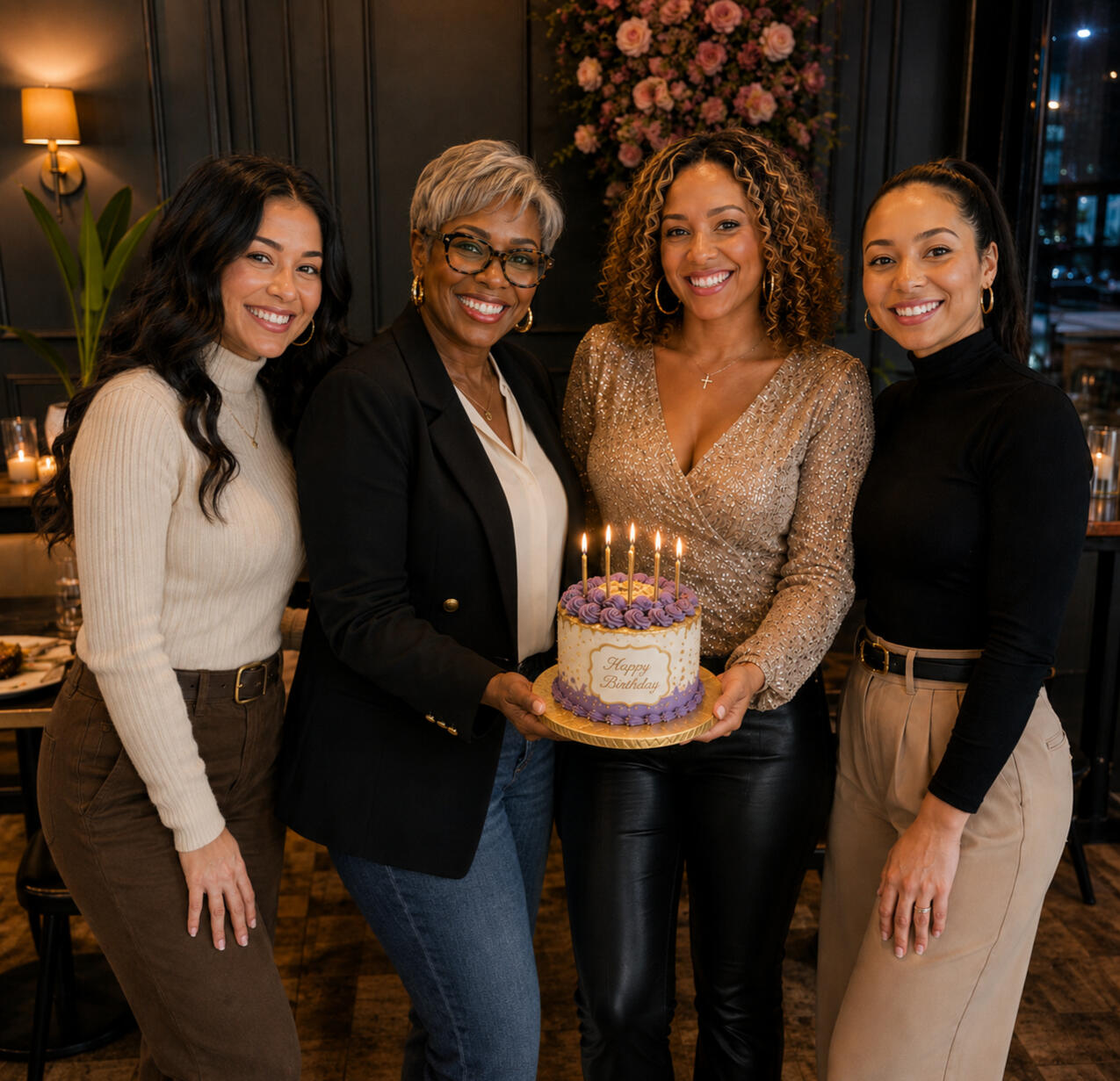 Celebrating People & Community | Tigaro House Four women gathered around a birthday cake with lit candles, representing Tigaro House’s mission of celebrating people, building community, and sharing encouragement.