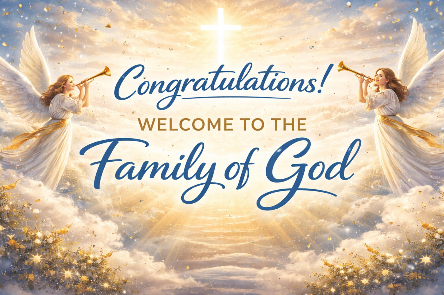 Welcome to the Family of God — Celebrating New Life in Jesus Christ Celebration image welcoming a new believer to the family of God with angels and a glowing cross in heaven