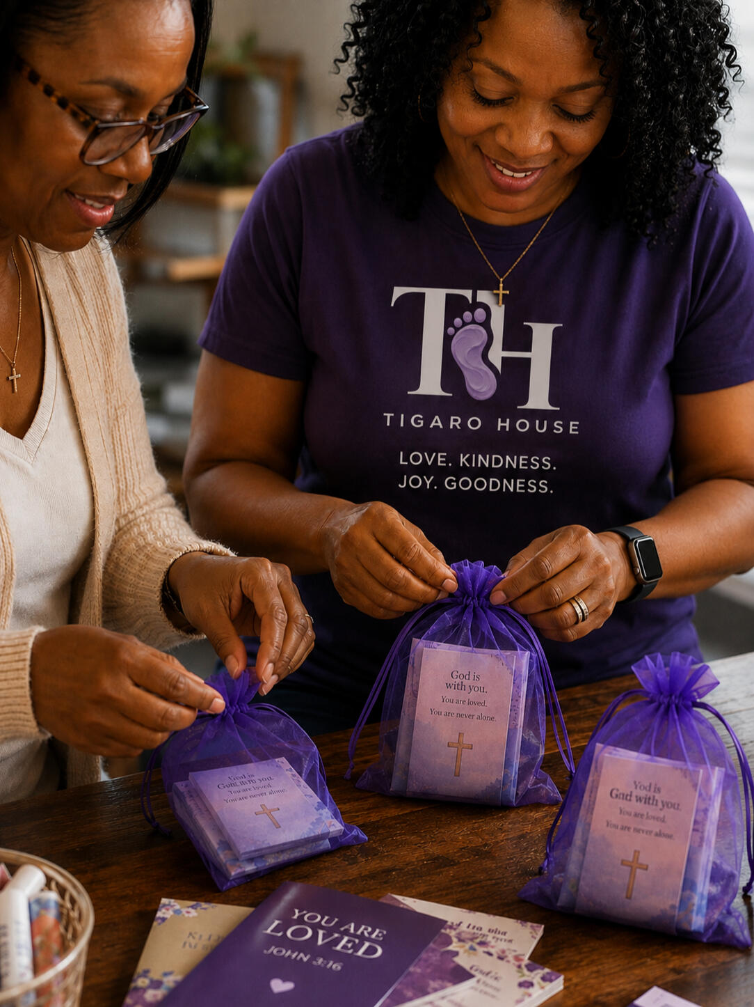 Christian Encouragement & Acts of Kindness | Tigaro House Tigaro House team preparing purple gift bags as part of the organization’s Christian mission of sharing encouragement, kindness, and the love of Jesus Christ.