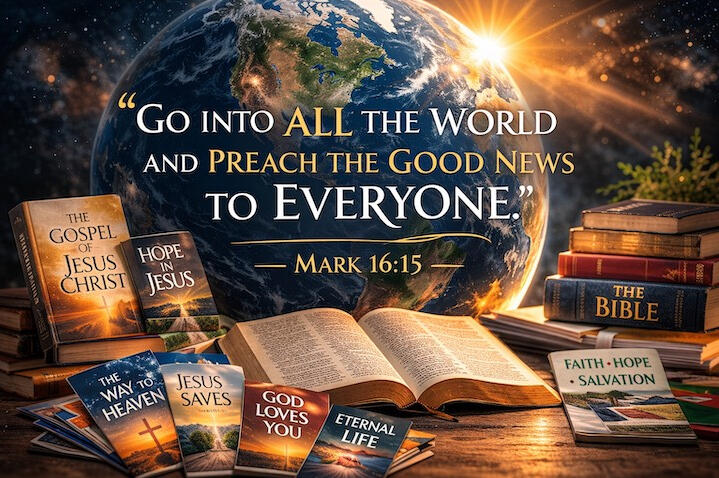Globe of the earth with christian books and gospel tracts representing Tigaro House publishing and the scripture Mark 16:15 about preaching the gospel