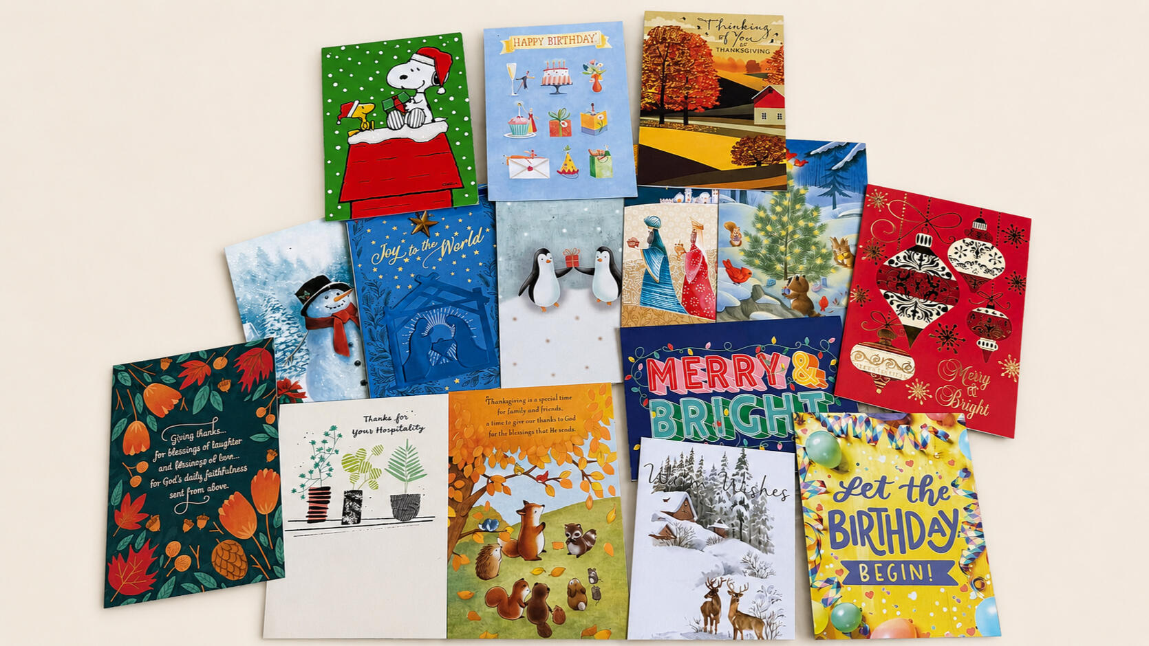Collection of colorful birthday, holiday, seasonal, and encouragement cards representing The Christian Card Circle by Tigaro House.
