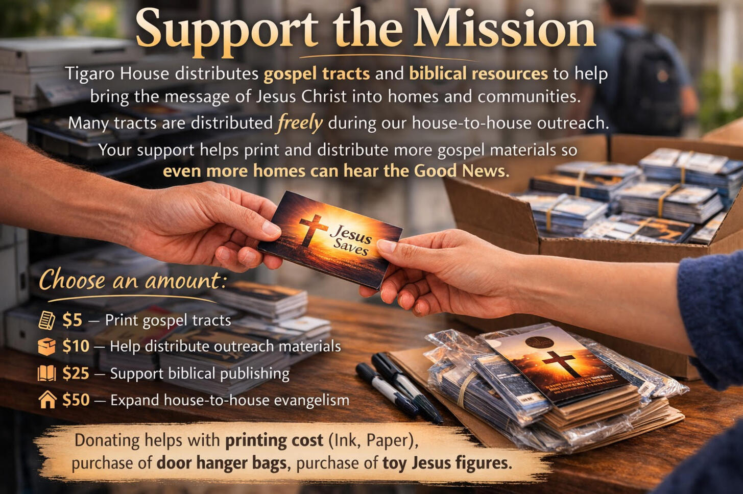 Support the mission- Help distribute Gospel Tracts and Biblical Resources- Tigaro House Gospel Tracts distribution outreach showing hands exchanging a tract and stacks of packaged tracts ready for house-to-house evangelism by Tigaro House.