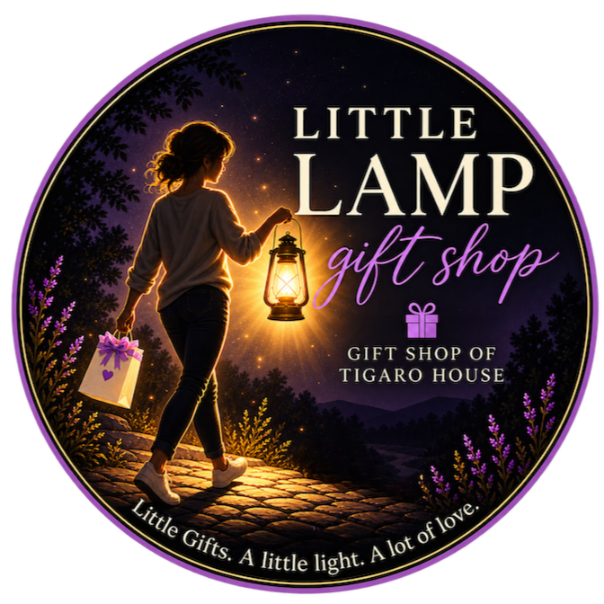 Little Lamp Gift Shop | A Gift Shop by Tigaro House Little Lamp Gift Shop logo featuring a glowing lantern, a shopper, and purple accents for the Tigaro House gift shop.