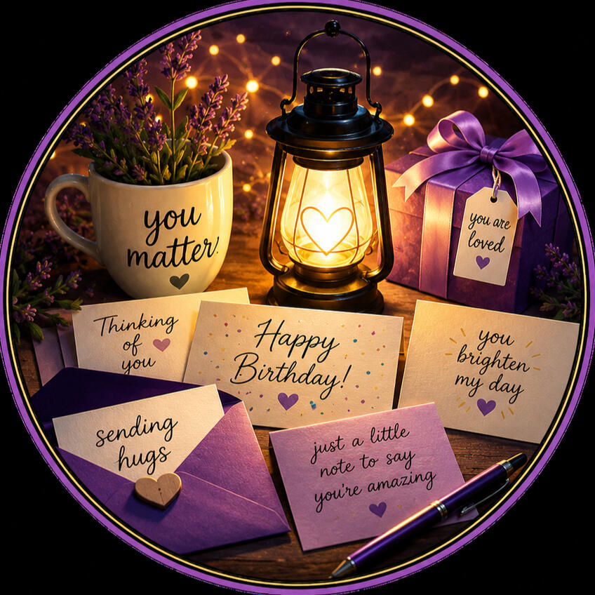 Handwritten encouragement cards displayed around a glowing lantern, representing Tigaro House’s Christian mission of sharing love, hope, and kindness.