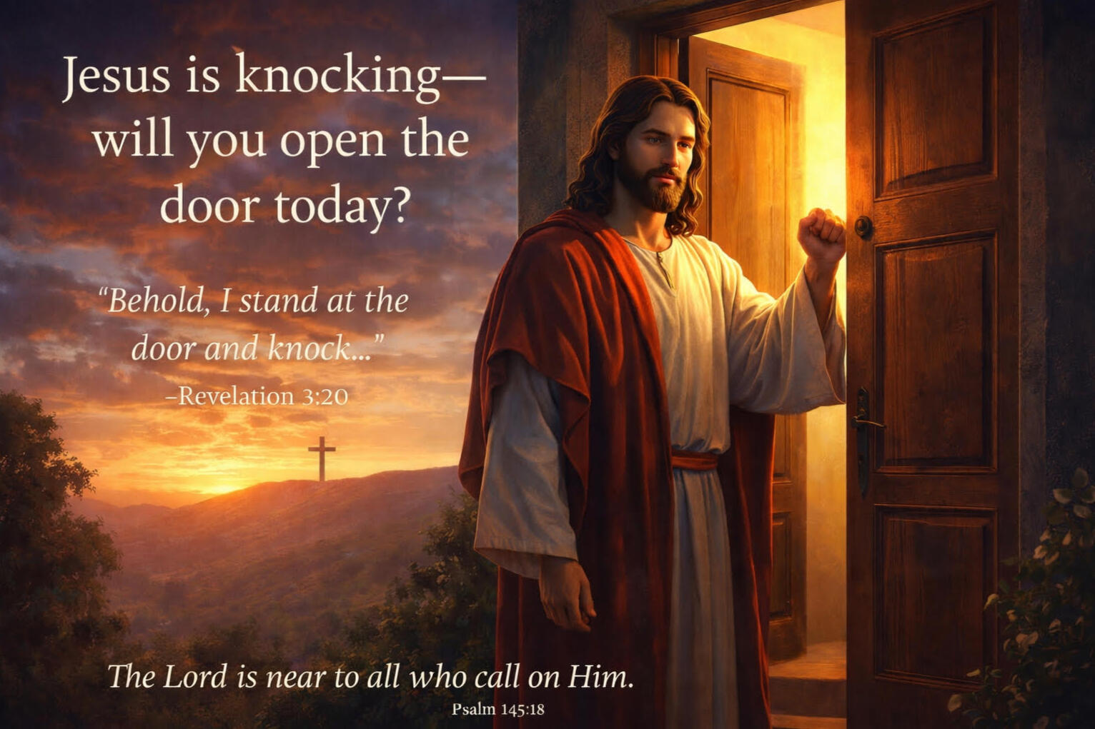 Jesus-knocking-at-the-door-salvation-revelation-3-20-tigarohouse.jpg Christian salvation image of Jesus knocking on a door with Bible verses, Revelation 3:20, and Psalm 145:18, calling people to receive eternal life