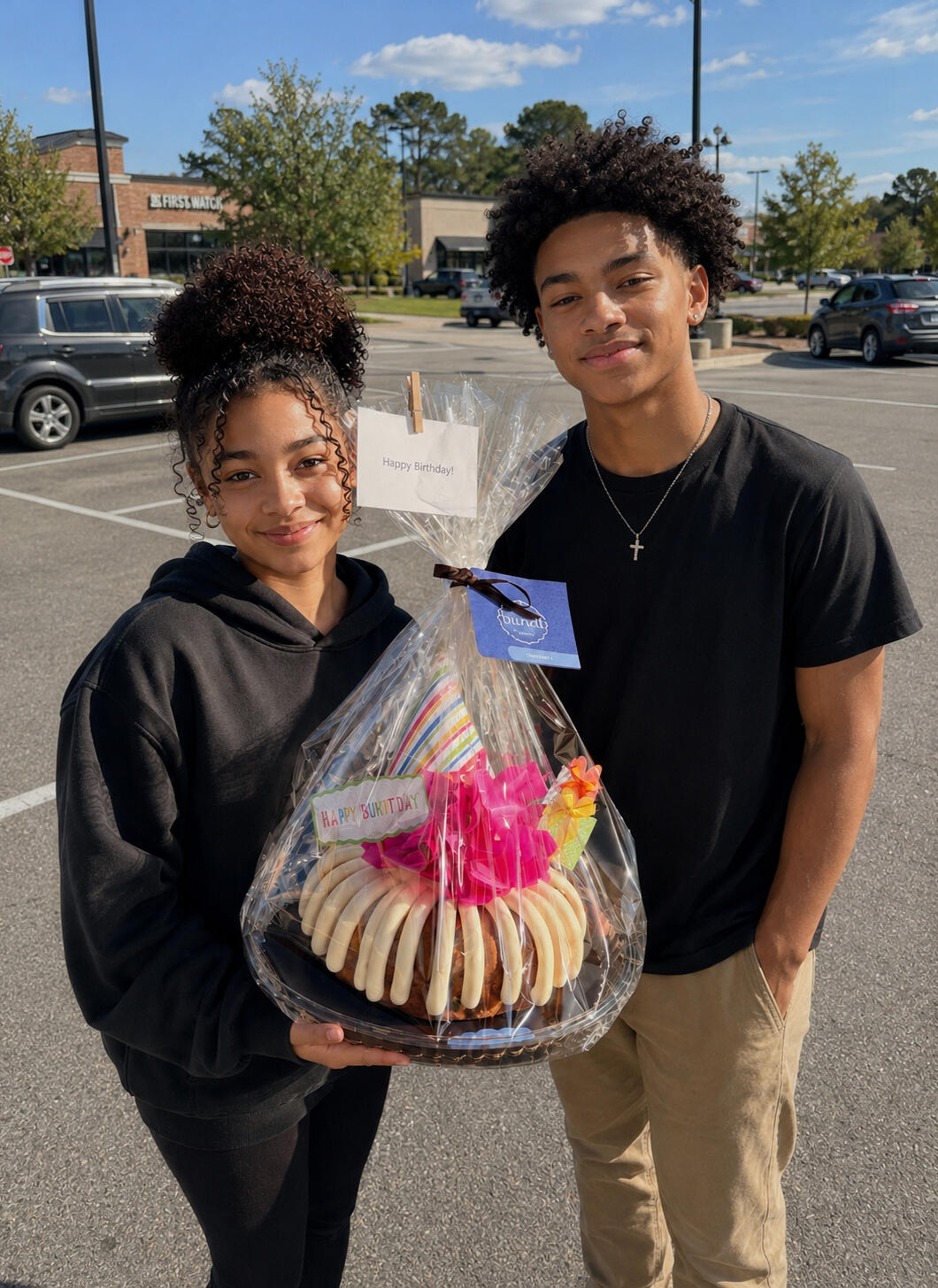 Two people holding a decorated birthday cake as part of Tigaro House's mission to celebrate and encourage people.