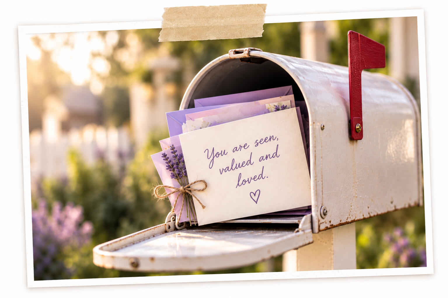Mailbox filled with cards and a handwritten message reading “You are seen, valued and loved,” representing encouragement from The Christian Card Circle by Tigaro House.