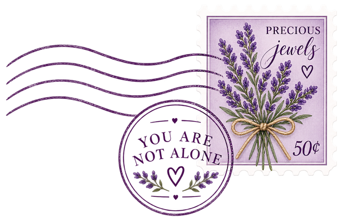 Purple lavender postcard design with the encouraging message “You Are Not Alone,” representing hope and encouragement from The Christian Card Circle by Tigaro House.